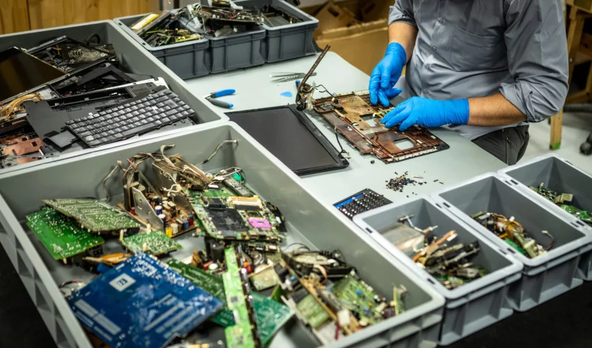 Homem usando luvas azuis desmontando um notebook em uma bancada repleta de caixas organizadoras com placas de circuito e peças de computador.