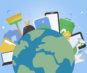 Desenho vetorial do planeta Terra cercado por ícones de tecnologia, como smartphone, laptop, lixeira reciclável e ferramentas de limpeza.