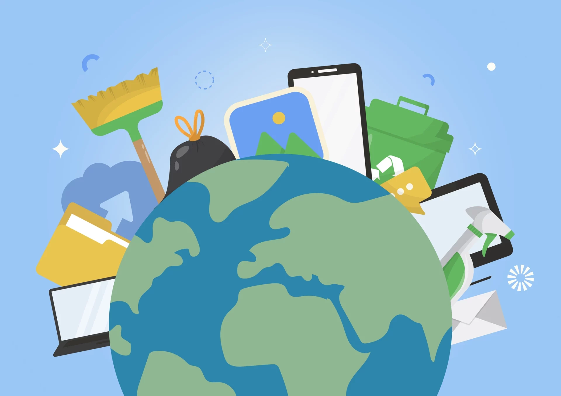 Desenho vetorial do planeta Terra cercado por ícones de tecnologia, como smartphone, laptop, lixeira reciclável e ferramentas de limpeza.