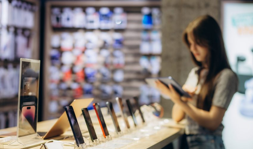 Visão de uma bancada de loja com vários modelos de smartphones em exibição; ao fundo, uma mulher desfocada observa um tablet.