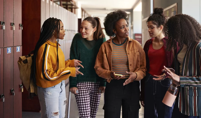 Jovens adolescentes discutem no corredor da sala por causa de uma fake news, que é causada pela falta de regulação das redes sociais