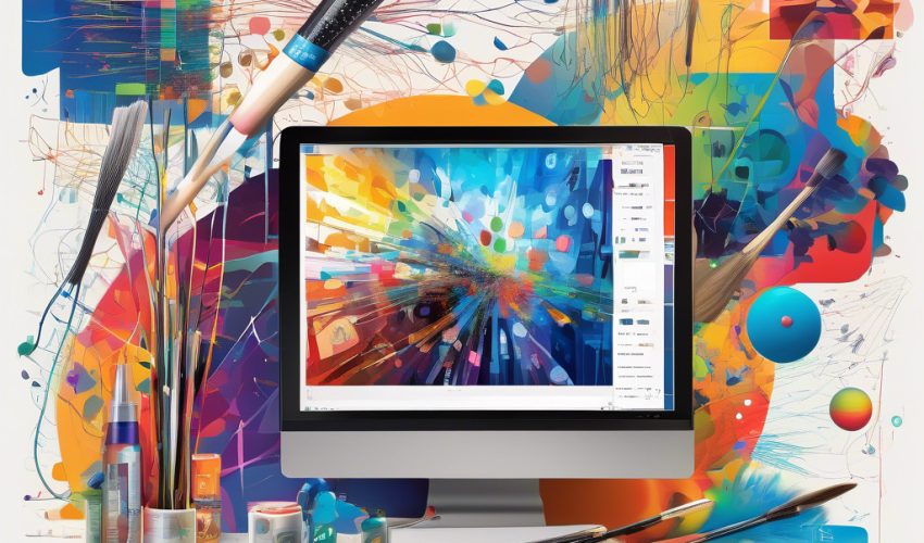 Imagem criada pela inteligência artificial, onde se olha um computador com uma arte criada. No fundo, se vê muitos materiais de pintura como pincéis, cores, tintas e brushs.