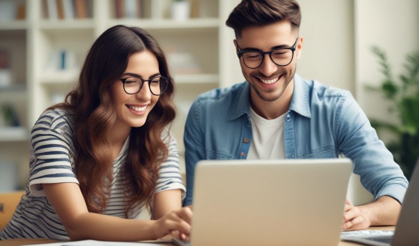 Mulher e homem olham para o computador sorrindo, em uma imagem criada por inteligência artificial