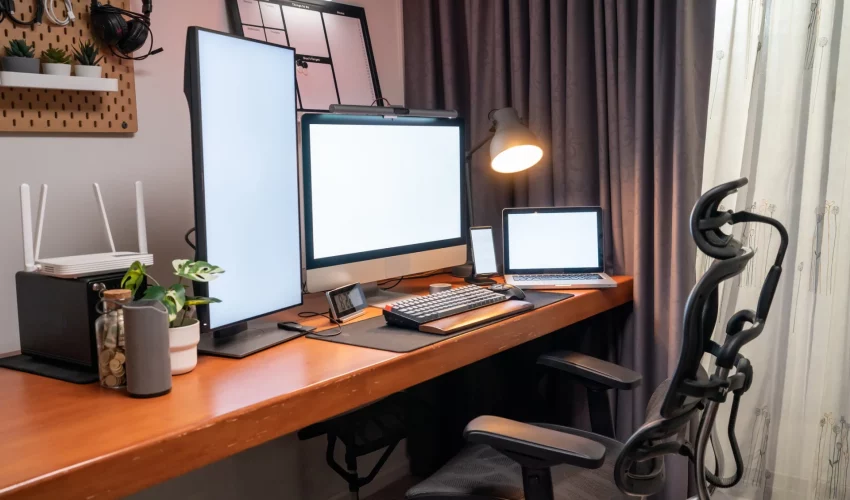 Imagem de estação de trabalho com cadeira adaptada, apoio no teclado e três telas para aprimorar a ergonomia no trabalho