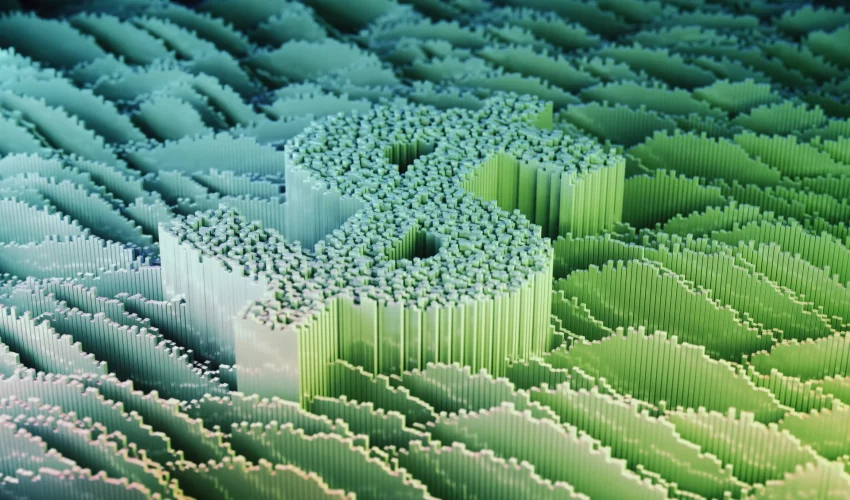 Imagem mostra o símbolo do dólar em um fundo verde e pixelado, mostrando a importância das moedas digitais terem instrumentos para serem mais sustentáveis