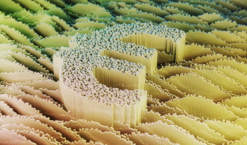 Imagem mostra o símbolo do euro em um fundo verde e pixelado, mostrando a importância das moedas digitais terem instrumentos para serem mais sustentáveis