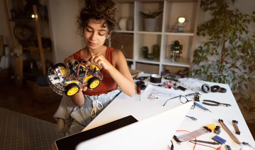 Mulher mexe com carrinho de controle remoto na tentativa de arrumar esse brinquedo eletrônico