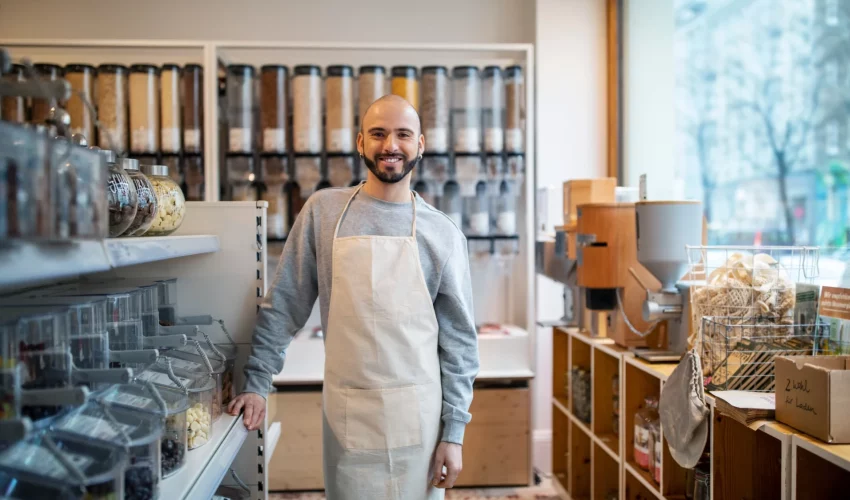 Proprietário em loja de produtos a granel sorrindo, promovendo consumo consciente sem embalagens no dia do consumo consciente