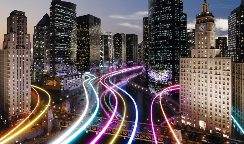 Vista aérea noturna de uma metrópole com feixes de luz neon coloridos percorrendo as ruas, simbolizando o fluxo de dados em tempo real.