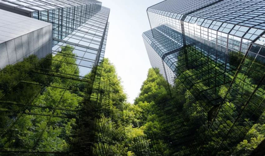 Perspectiva de baixo para cima de arranha-céus de vidro refletindo uma floresta densa e verde, simbolizando a união entre economia e meio ambiente.