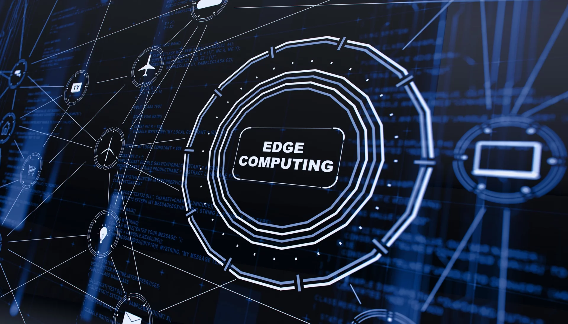Infográfico digital com o texto central "Edge Computing" conectado a ícones de aviões, turbinas eólicas e eletrônicos, representando uma rede integrada.