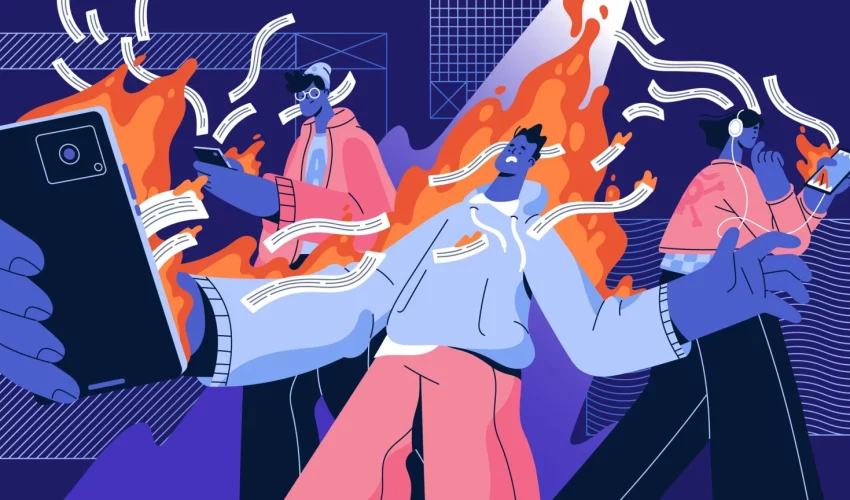 Ilustração em tons de azul e laranja mostrando pessoas usando celulares enquanto seus corpos parecem estar em chamas, com papéis voando ao redor.