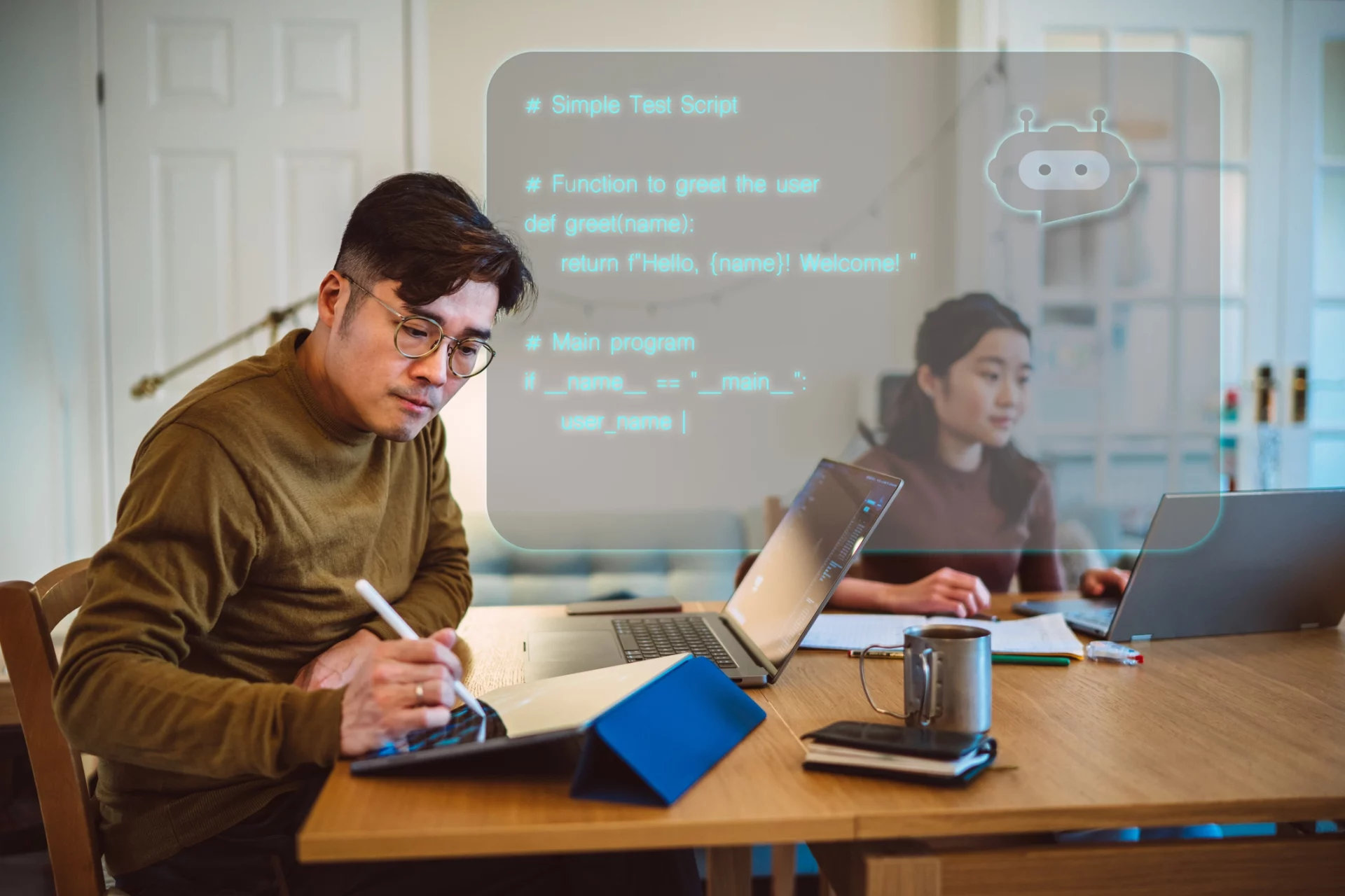 Homem interagindo com ícones flutuantes de educação digital, livros e vídeos sobre um teclado, representando a educação para jovens e adultos online.