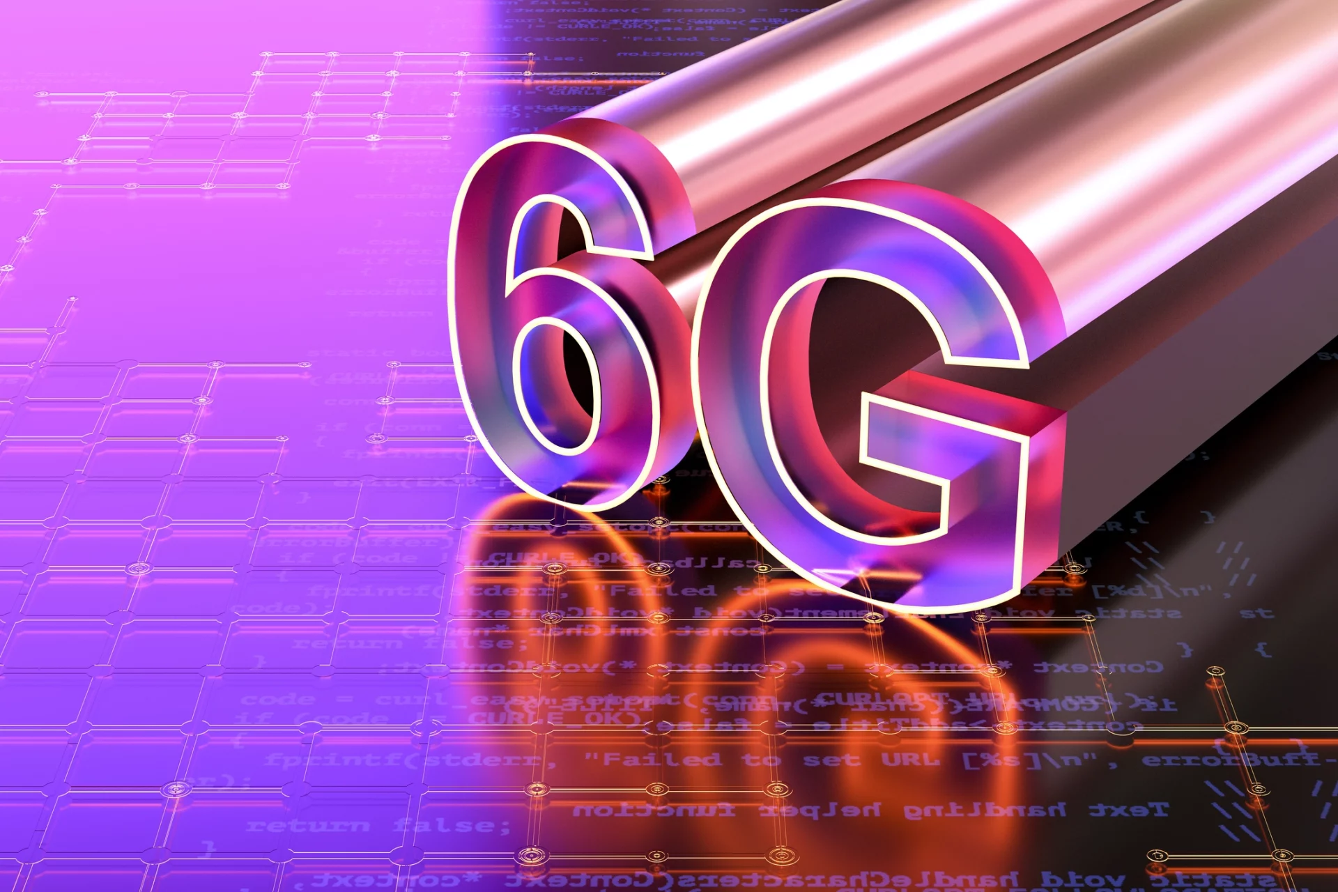 Logotipo 3D metálico escrito "6G" sobre um fundo tecnológico roxo com linhas de circuitos e códigos de programação.