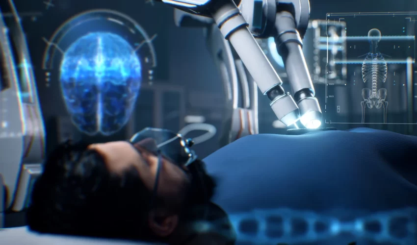 Braços robóticos realizando um procedimento médico em um paciente, com hologramas de um cérebro e coluna vertebral ao fundo, demonstrando a precisão da rede 6G.