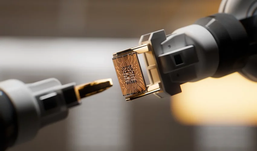 Braço robótico de alta precisão segurando um microprocessador dourado, destacando os circuitos integrados que revolucionaram a computação.