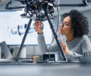 Mulher cientista realizando ajustes técnicos e manutenção em um drone de grande porte dentro de um laboratório de engenharia.