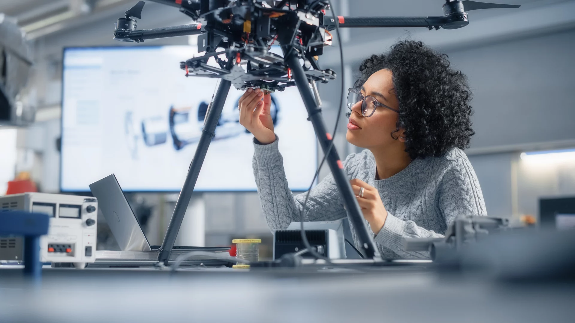Mulher cientista realizando ajustes técnicos e manutenção em um drone de grande porte dentro de um laboratório de engenharia.