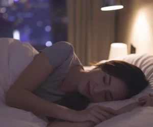 Mulher dormindo de perfil em um quarto com um abajur de luz quente aceso ao fundo e luzes da cidade desfocadas pela janela.